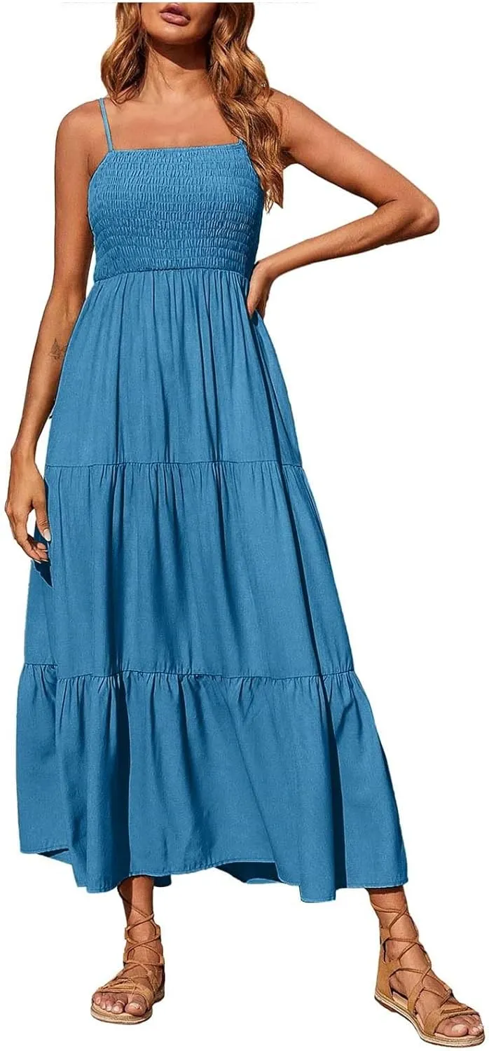 Women's Bohemian Spaghetti Strap Smocked Tiered Long Beach Sun Dresses Sleeveless Solid Maxi Dress