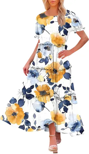 Women's Boho Maxi Dress Elegant Summer Floral Print Dress Short Sleeve Crewneck Tiered A-Line Casual Beach Dresses