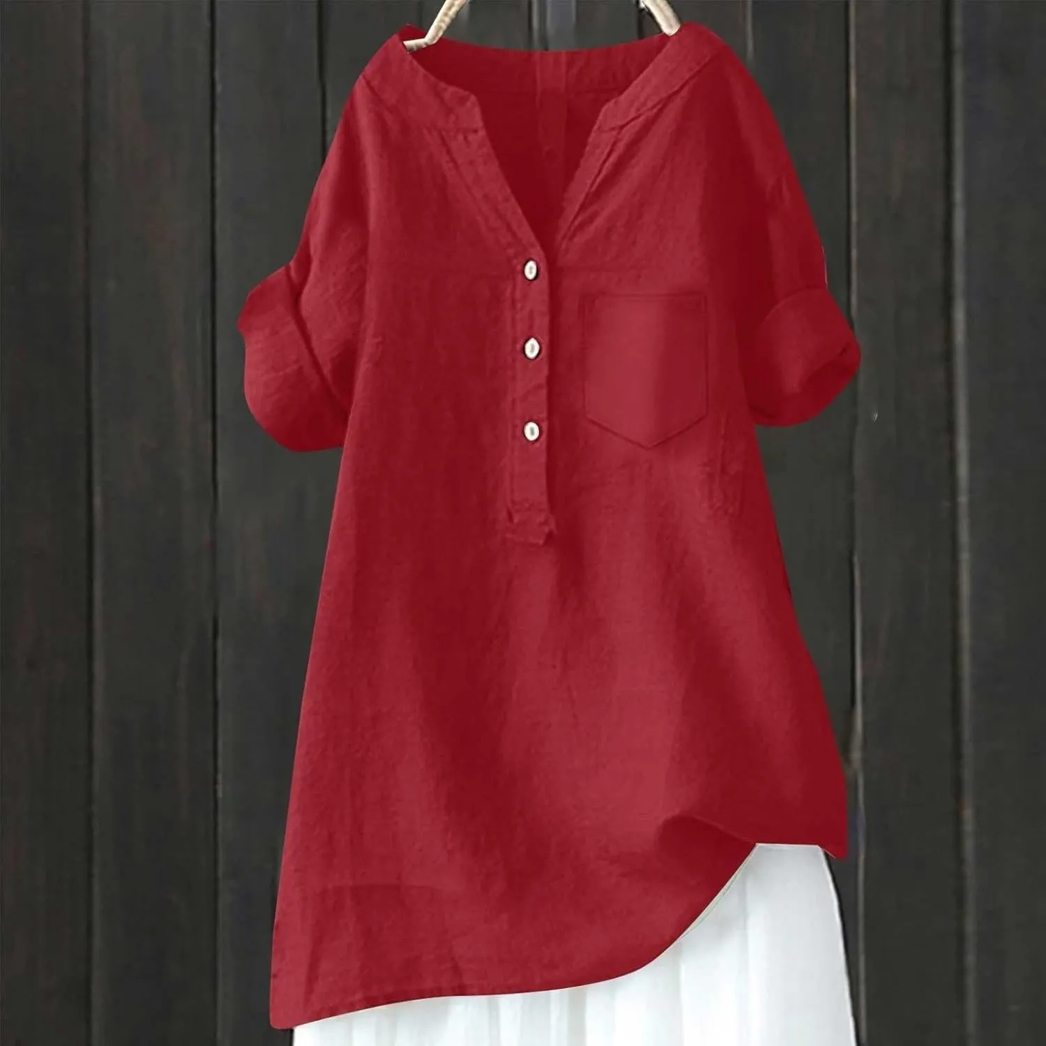 Womens Button Up Shirts Solid Short Sleeve Cotton Linen Summer Casual Business Blouse Tops Loose Fit Tshirt