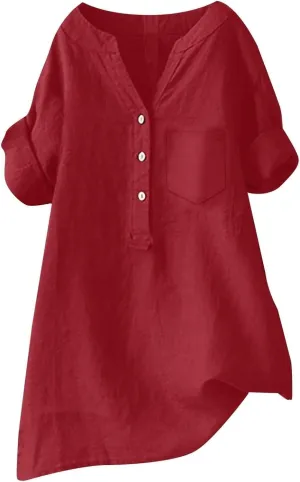 Womens Button Up Shirts Solid Short Sleeve Cotton Linen Summer Casual Business Blouse Tops Loose Fit Tshirt