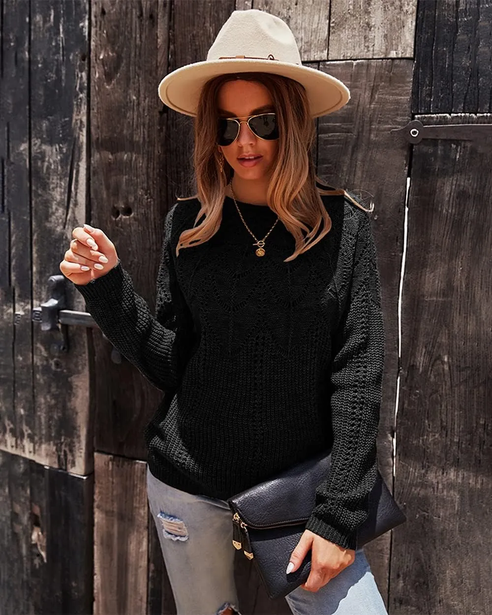 Women's Cable Knitted Sweaters,Crew Neck Long Sleeve Casual Slim Fitted Pullover Tops