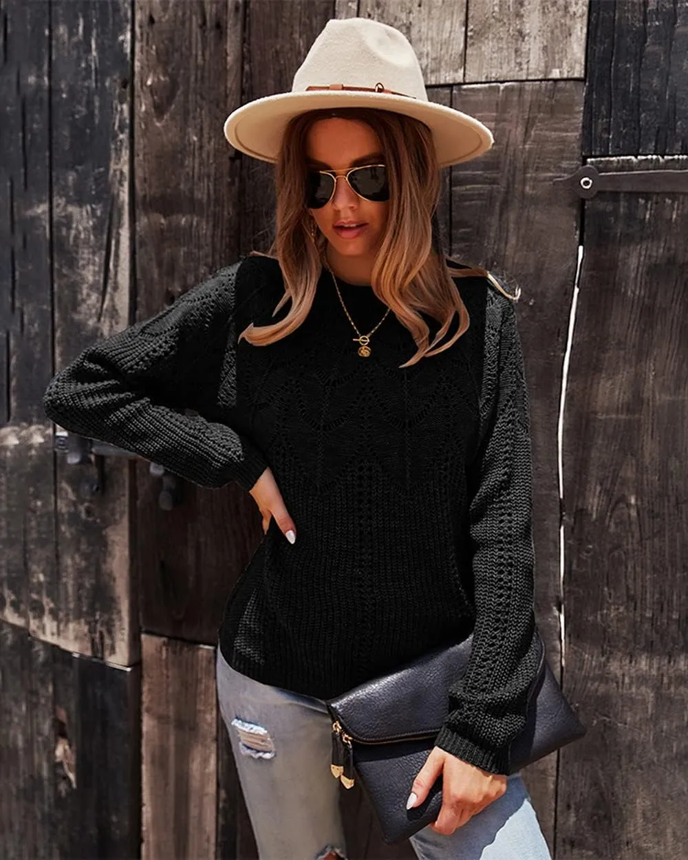 Women's Cable Knitted Sweaters,Crew Neck Long Sleeve Casual Slim Fitted Pullover Tops