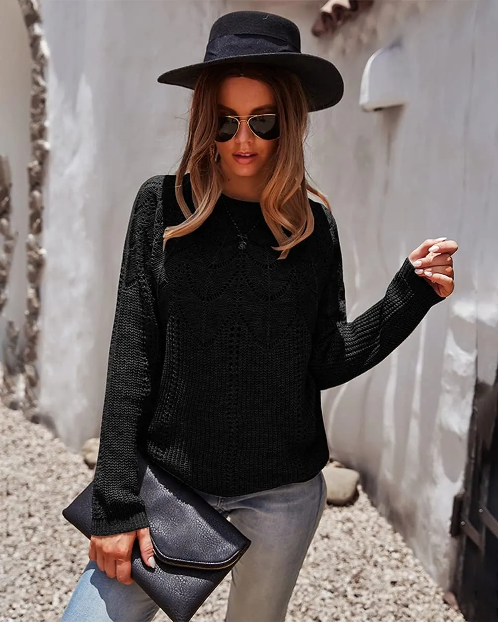 Women's Cable Knitted Sweaters,Crew Neck Long Sleeve Casual Slim Fitted Pullover Tops