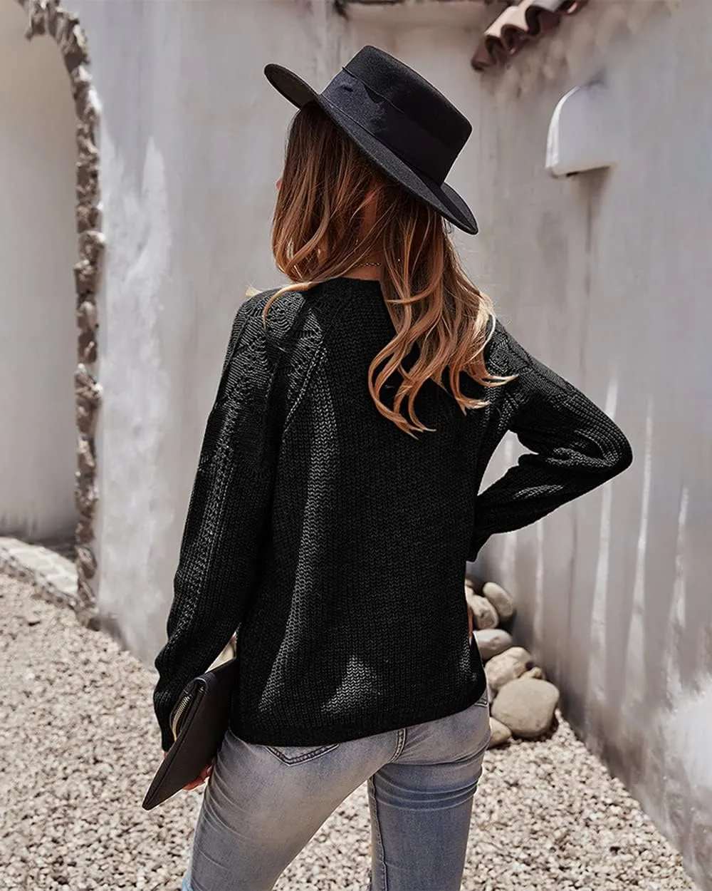 Women's Cable Knitted Sweaters,Crew Neck Long Sleeve Casual Slim Fitted Pullover Tops