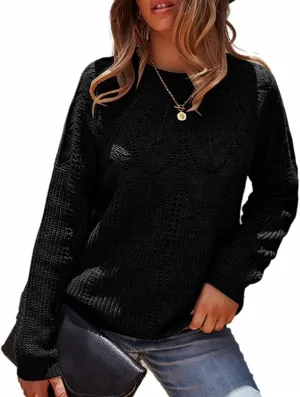 Women's Cable Knitted Sweaters,Crew Neck Long Sleeve Casual Slim Fitted Pullover Tops