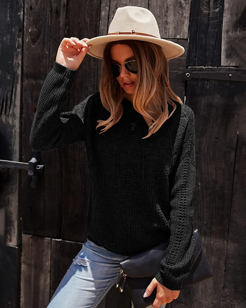 Women's Cable Knitted Sweaters,Crew Neck Long Sleeve Casual Slim Fitted Pullover Tops
