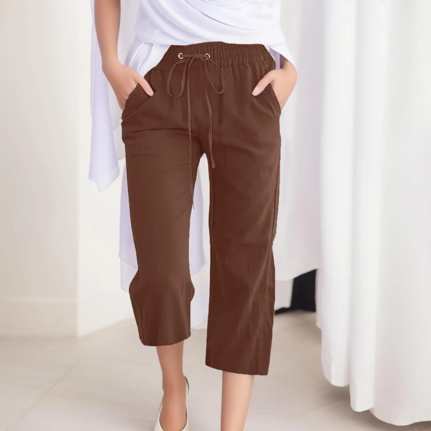 Womens Capris Summer Cotton Linen Pants Casual 2025 Trendy Elastic Waisted Cropped Trousers Beach Pants