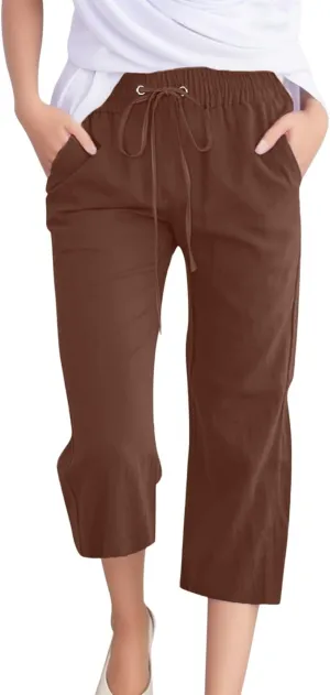 Womens Capris Summer Cotton Linen Pants Casual 2025 Trendy Elastic Waisted Cropped Trousers Beach Pants