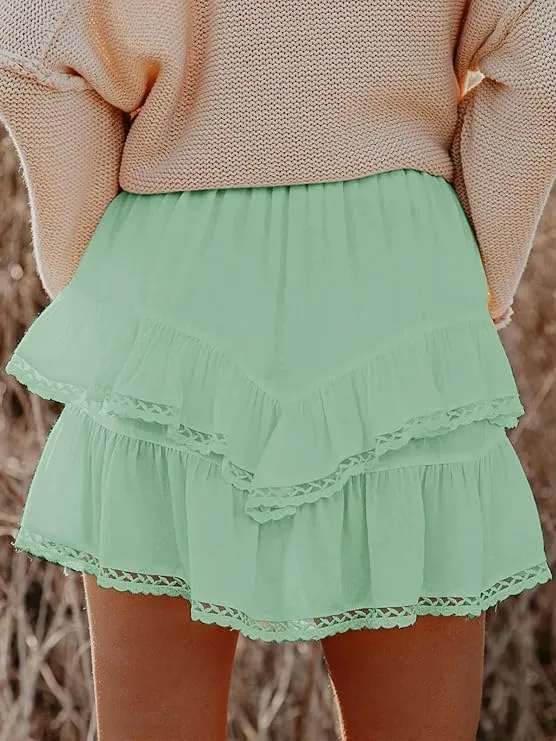 Women's Casual Bohemian Pleated Layered Skirt High Waist Golf Tennis Crochet Mini Skirts Cute Swing Beach Shorts