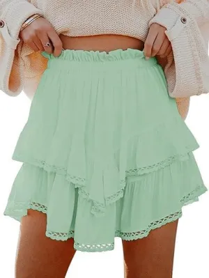 Women's Casual Bohemian Pleated Layered Skirt High Waist Golf Tennis Crochet Mini Skirts Cute Swing Beach Shorts