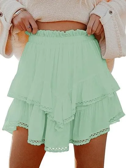 Women's Casual Bohemian Pleated Layered Skirt High Waist Golf Tennis Crochet Mini Skirts Cute Swing Beach Shorts