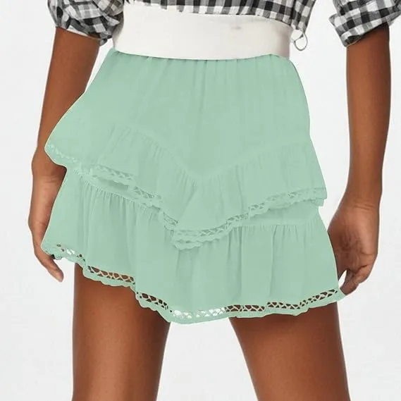 Women's Casual Bohemian Pleated Layered Skirt High Waist Golf Tennis Crochet Mini Skirts Cute Swing Beach Shorts