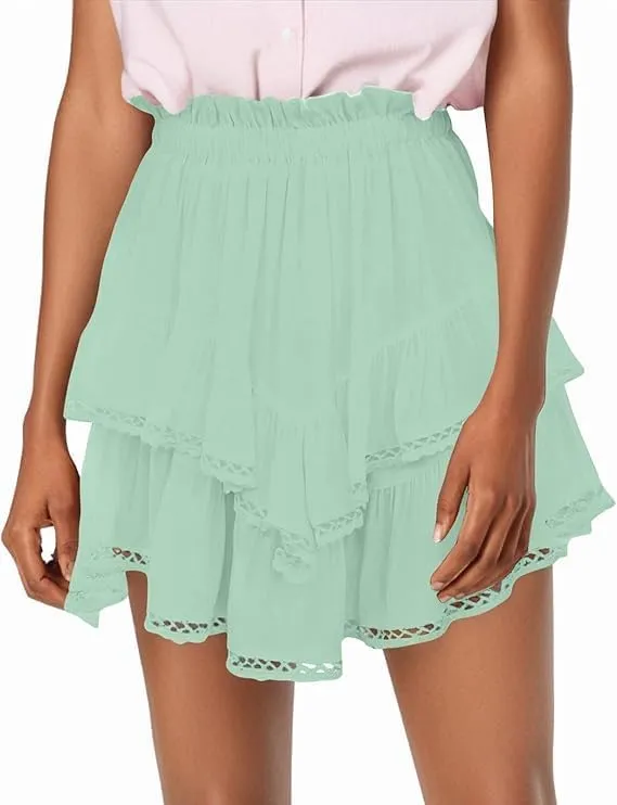 Women's Casual Bohemian Pleated Layered Skirt High Waist Golf Tennis Crochet Mini Skirts Cute Swing Beach Shorts