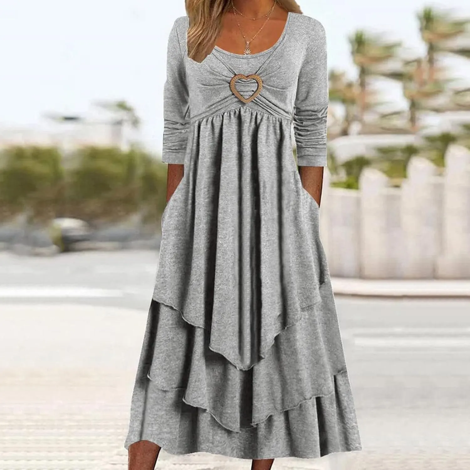Women's Casual Boho Dresses 2025 Summer Short Sleeve Flowy Tiered Beach Causal Midi Dress with Pockets