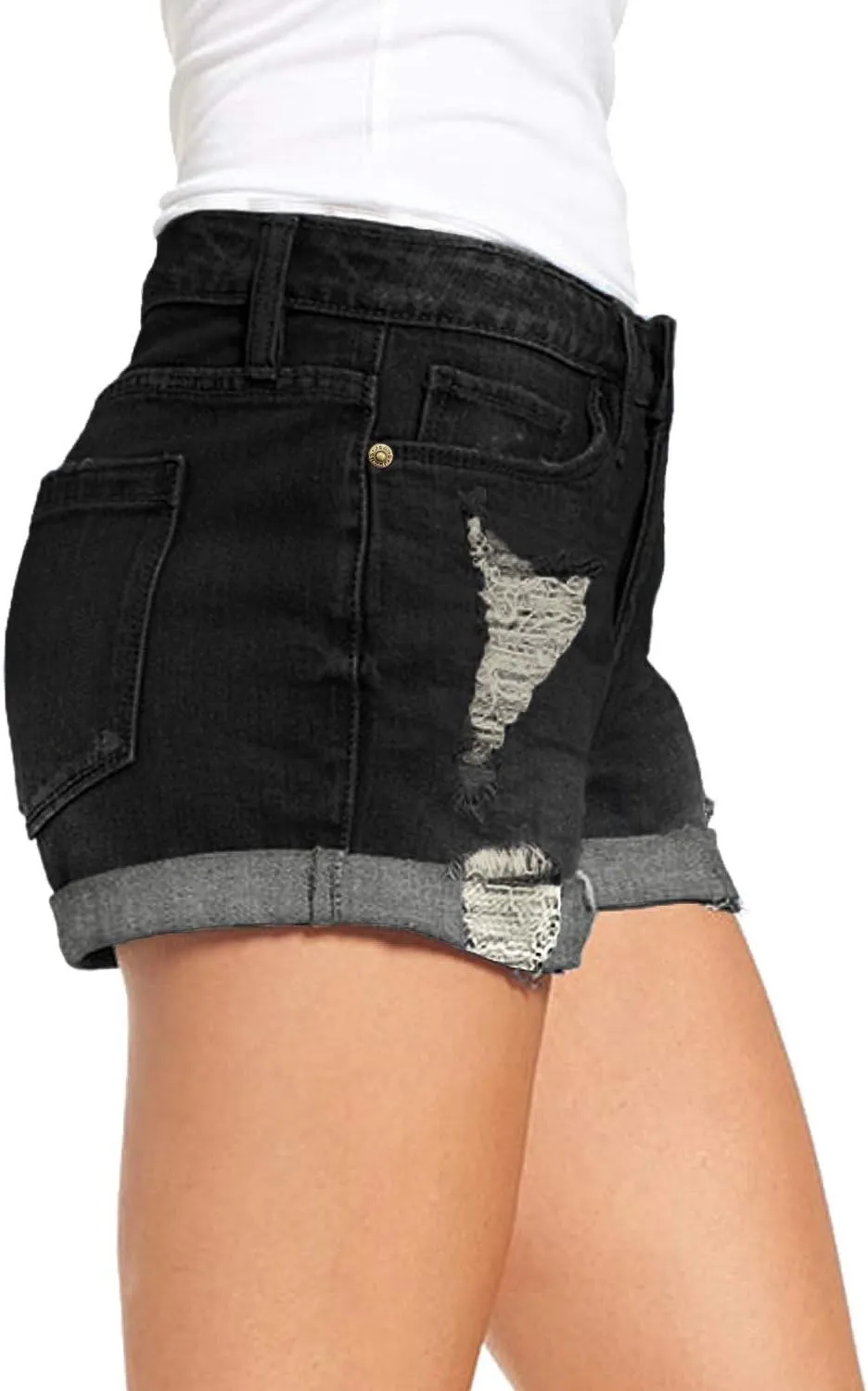 Women's Casual Denim Shorts Summer Mid Waist Stretchy Raw Frayed Folded Hem Jeans