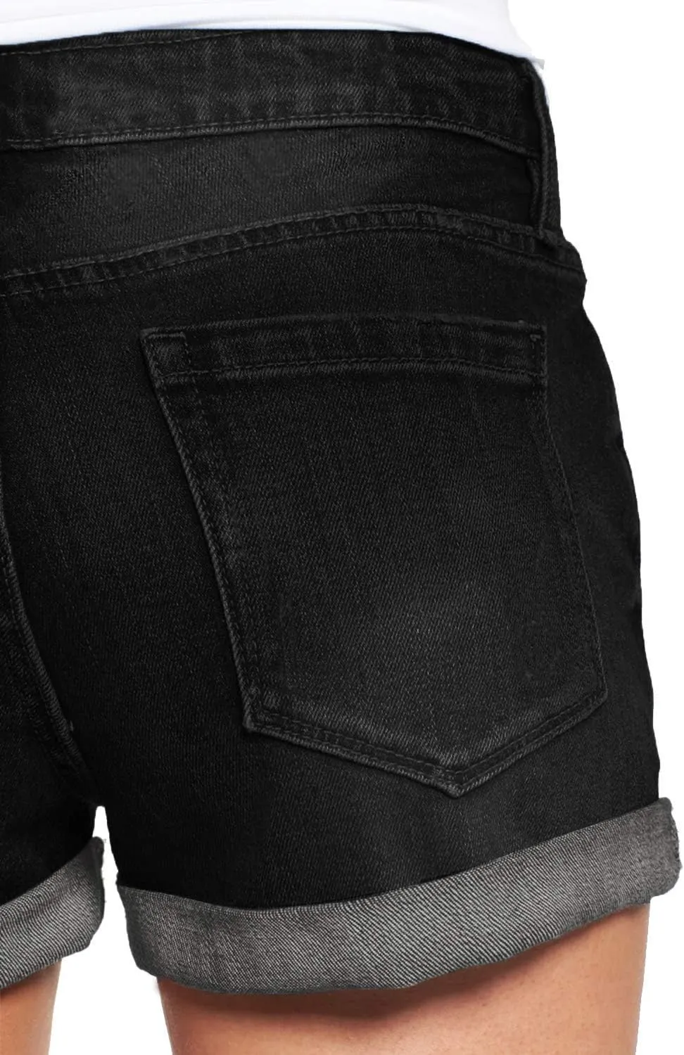 Women's Casual Denim Shorts Summer Mid Waist Stretchy Raw Frayed Folded Hem Jeans