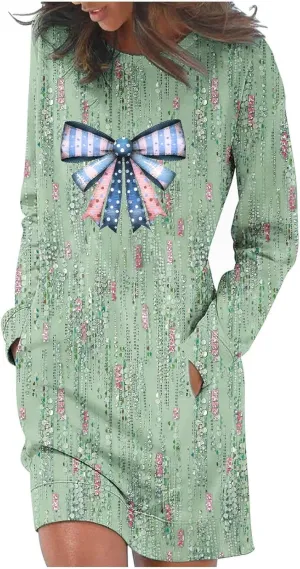 Women's Casual Dresses 2024 Long Sleeve Fall Dresses A Line Shift Dress Floral Printed Loose Fit Short Dress