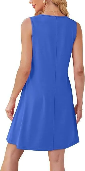 Women's Casual Front Pleated Sleeveless Tank Dress Summer Crew Neck Tshirt Dress Beach Vacation A Line Sundress