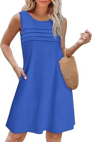 Women's Casual Front Pleated Sleeveless Tank Dress Summer Crew Neck Tshirt Dress Beach Vacation A Line Sundress