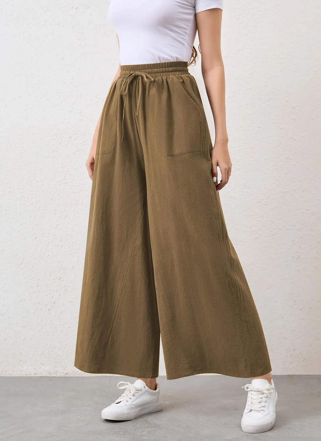 Womens Casual Linen Wide Leg Pants Trousers High Waisted Drawstring Tailored Baggy Pant Palazzo Lounge Pant Pockets