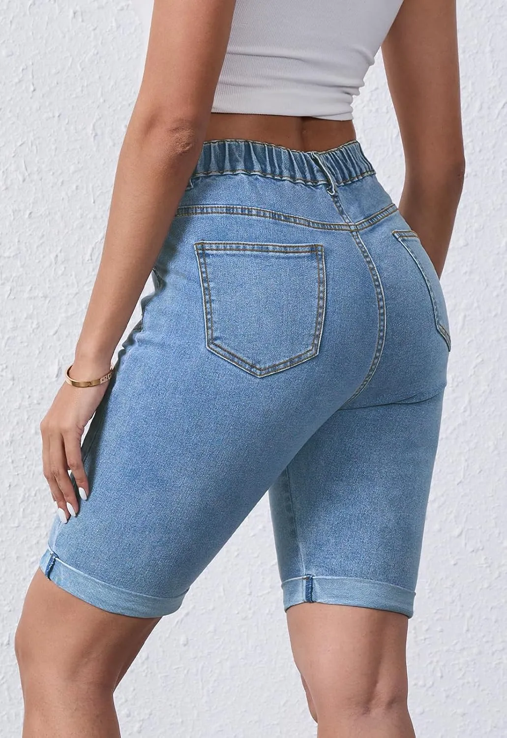 Women's Casual Straight Leg Long Denim Shorts Elastic Bermuda Jean Shorts