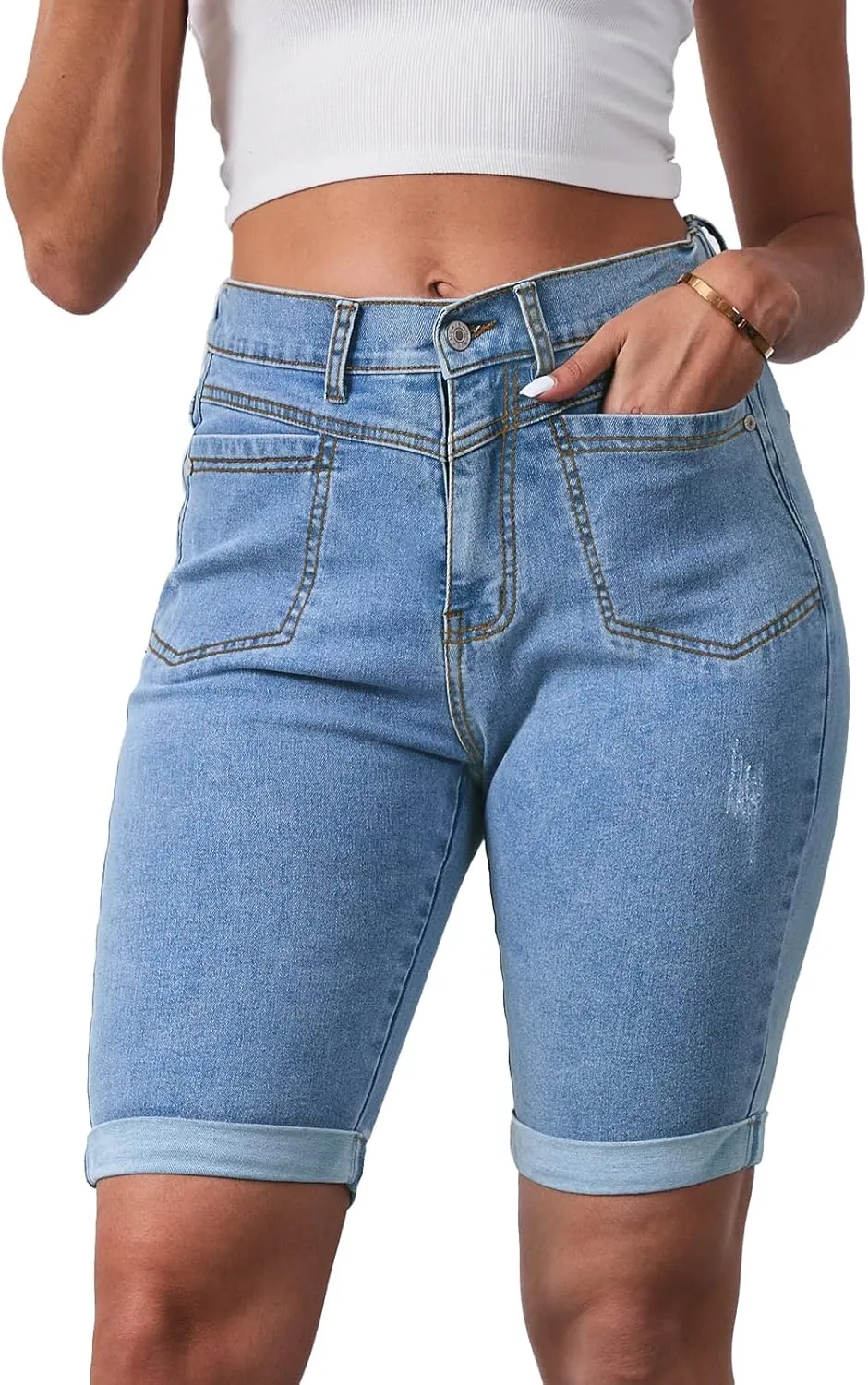 Women's Casual Straight Leg Long Denim Shorts Elastic Bermuda Jean Shorts