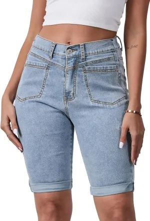 Women's Casual Straight Leg Long Denim Shorts Elastic Bermuda Jean Shorts