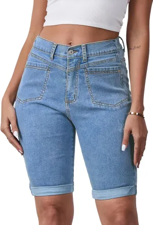 Women's Casual Straight Leg Long Denim Shorts Elastic Bermuda Jean Shorts