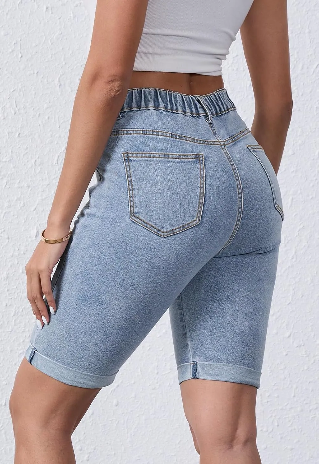 Women's Casual Straight Leg Long Denim Shorts Elastic Bermuda Jean Shorts