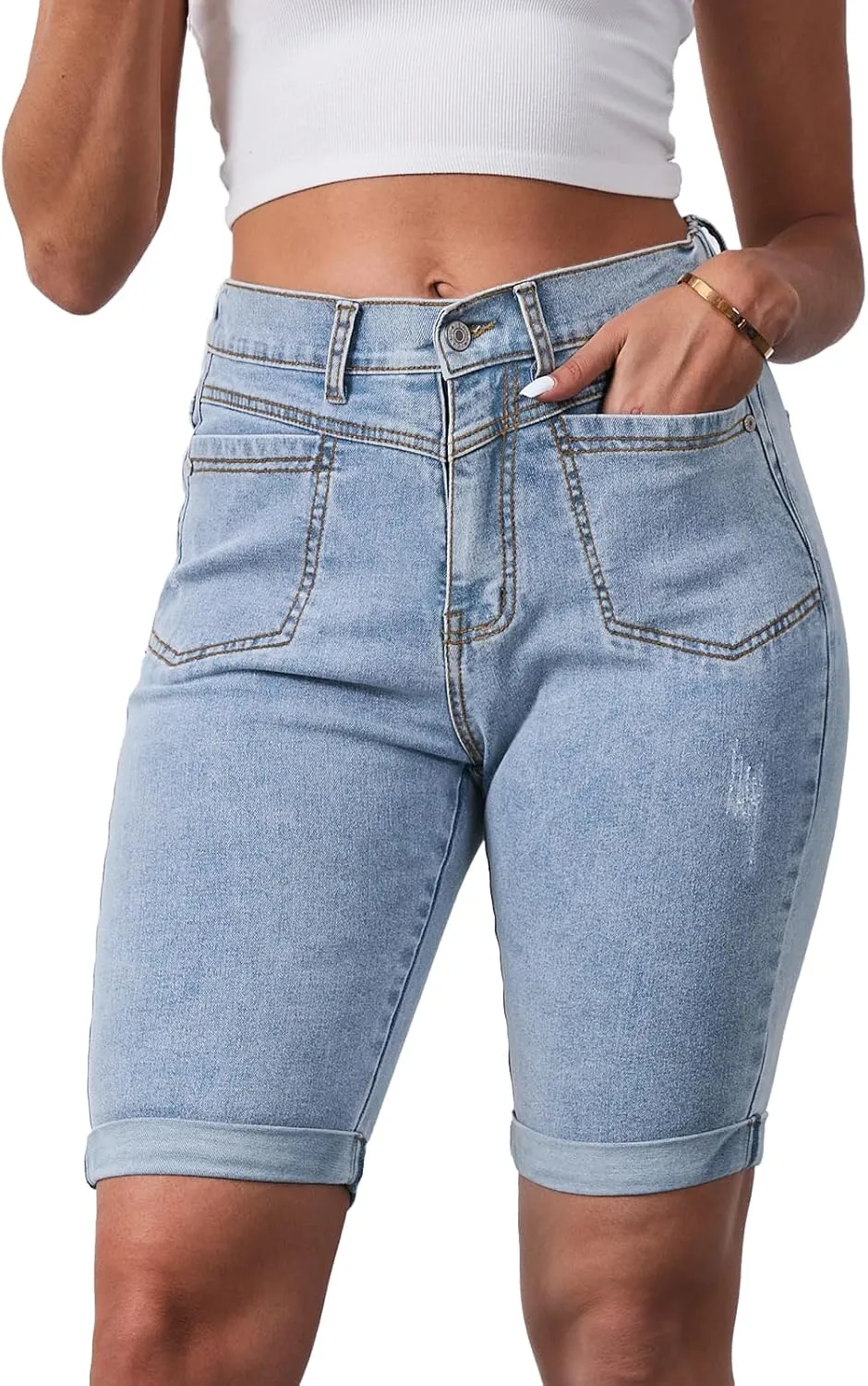 Women's Casual Straight Leg Long Denim Shorts Elastic Bermuda Jean Shorts