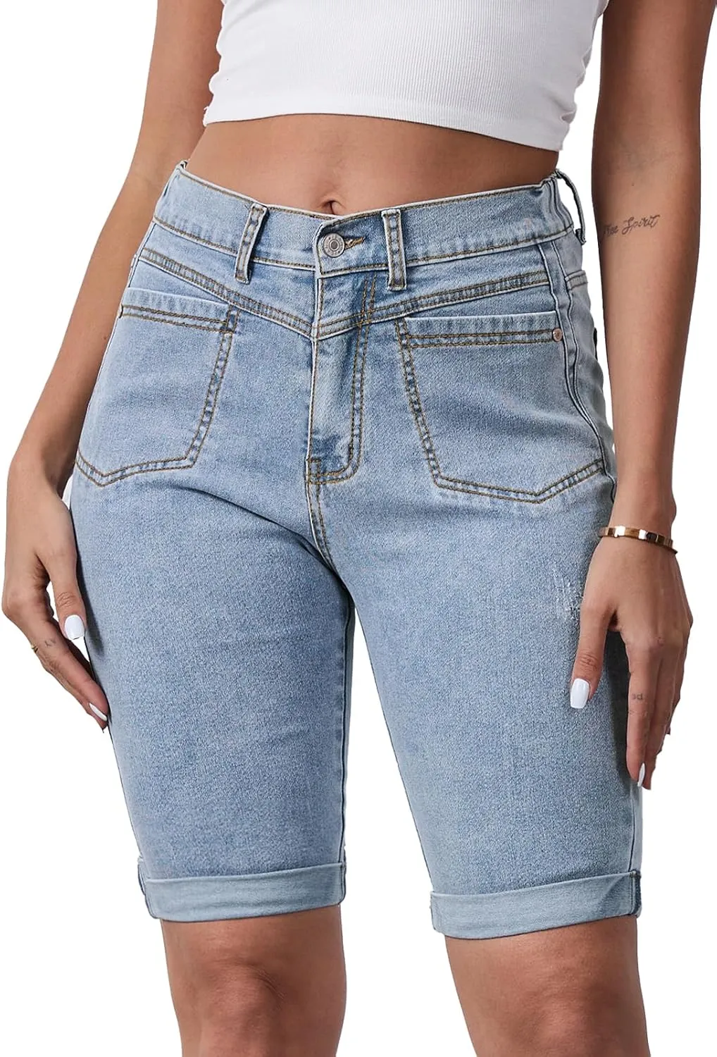 Women's Casual Straight Leg Long Denim Shorts Elastic Bermuda Jean Shorts