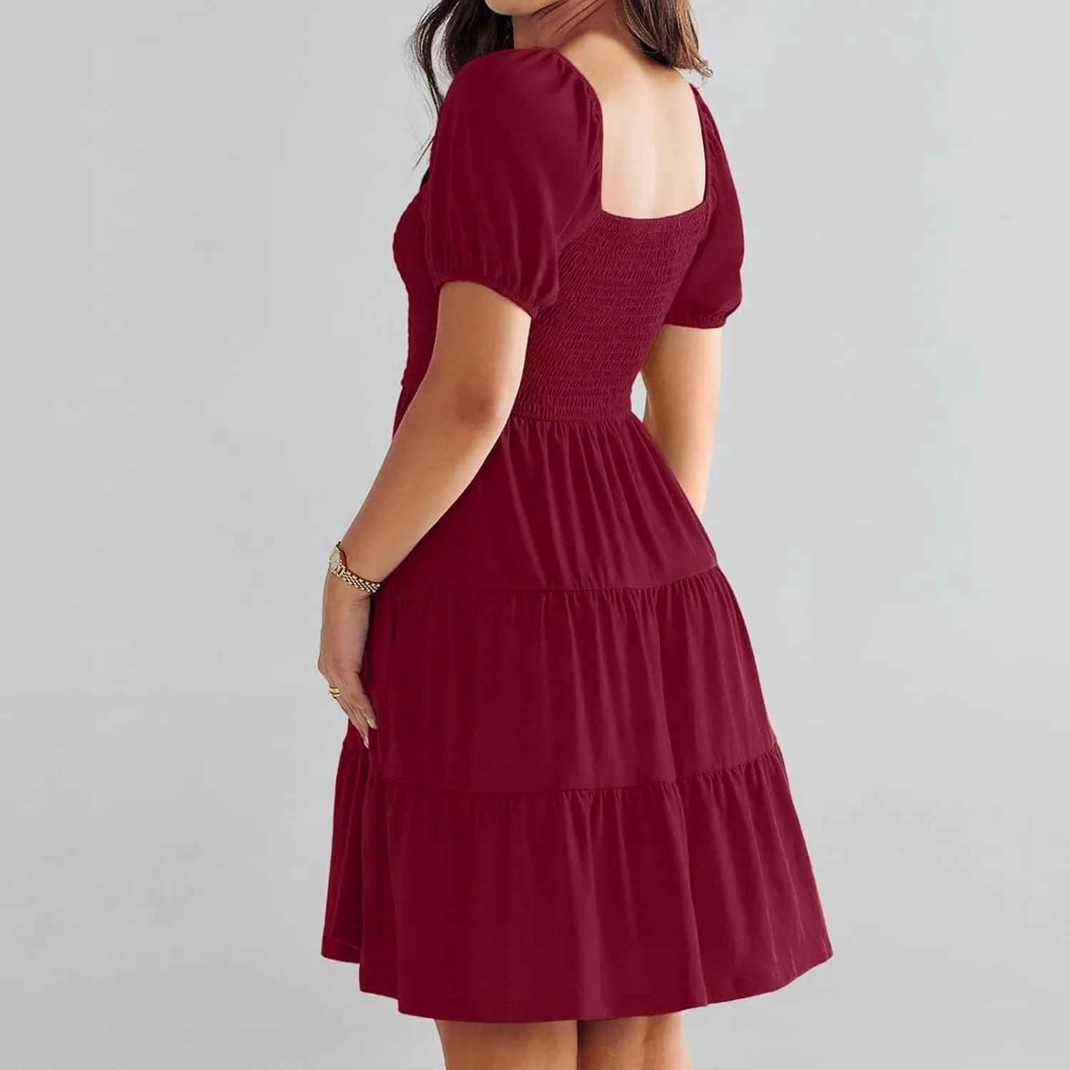 Women's Casual Summer Dress Loose Short Sleeve Square Neck Mini Dress Fashion High Waisted Smocked Tiered Sundress