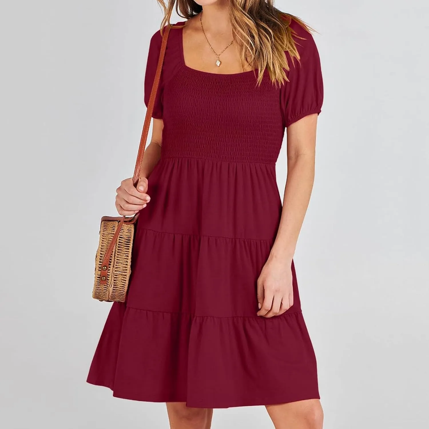 Women's Casual Summer Dress Loose Short Sleeve Square Neck Mini Dress Fashion High Waisted Smocked Tiered Sundress