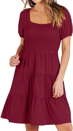 Women's Casual Summer Dress Loose Short Sleeve Square Neck Mini Dress Fashion High Waisted Smocked Tiered Sundress