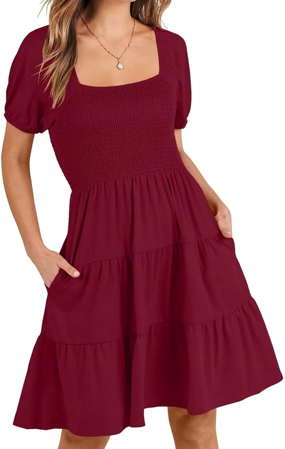 Women's Casual Summer Dress Loose Short Sleeve Square Neck Mini Dress Fashion High Waisted Smocked Tiered Sundress