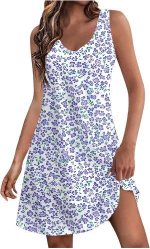 Womens Casual Summer Short Dresses Floral Printed Sleeveless V Neck Spring Dress Mini Dress 2025