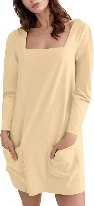 Women's Casual T Shirt Dress Summer Long Sleeve Swing Dresses with Pockets Solid Color Square Neck Short Dress