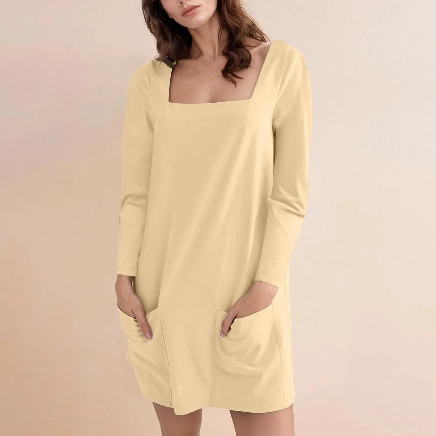 Women's Casual T Shirt Dress Summer Long Sleeve Swing Dresses with Pockets Solid Color Square Neck Short Dress