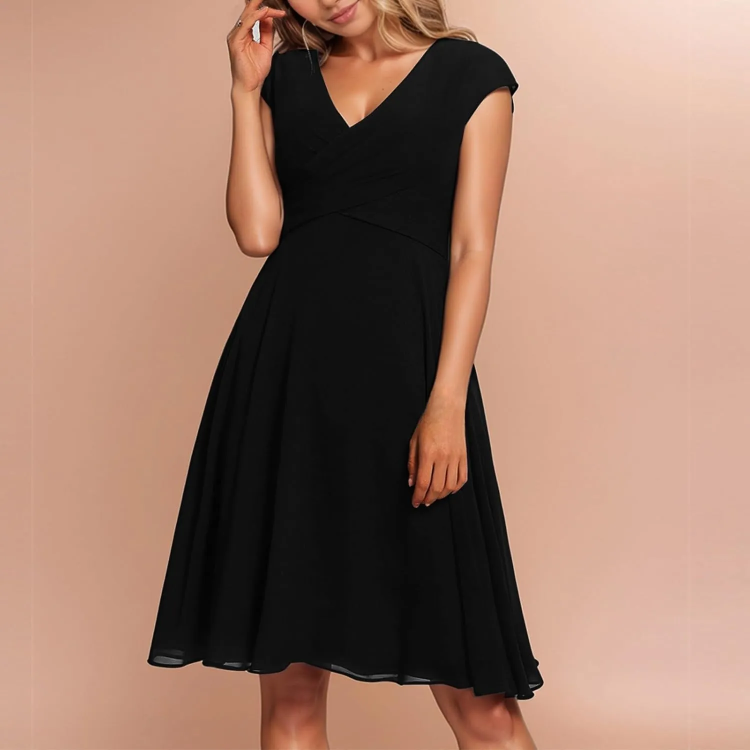 Women's Cocktail Dress Wrap V Neck Ruffle Short Sleeve A Line Work Formal Wedding Guest Midi Dress