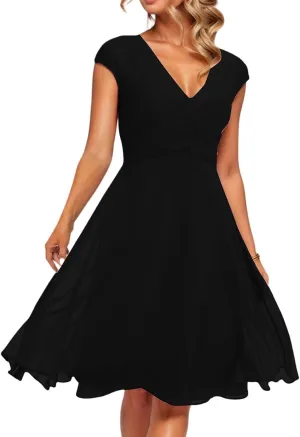 Women's Cocktail Dress Wrap V Neck Ruffle Short Sleeve A Line Work Formal Wedding Guest Midi Dress