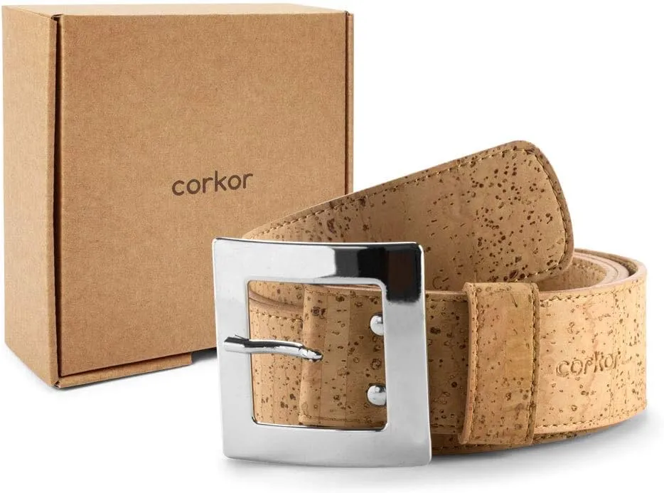 Women’s Cork Belt – Vegan Leather - Adjustable Belt – Oversize Belt - Black - 40mm Wide