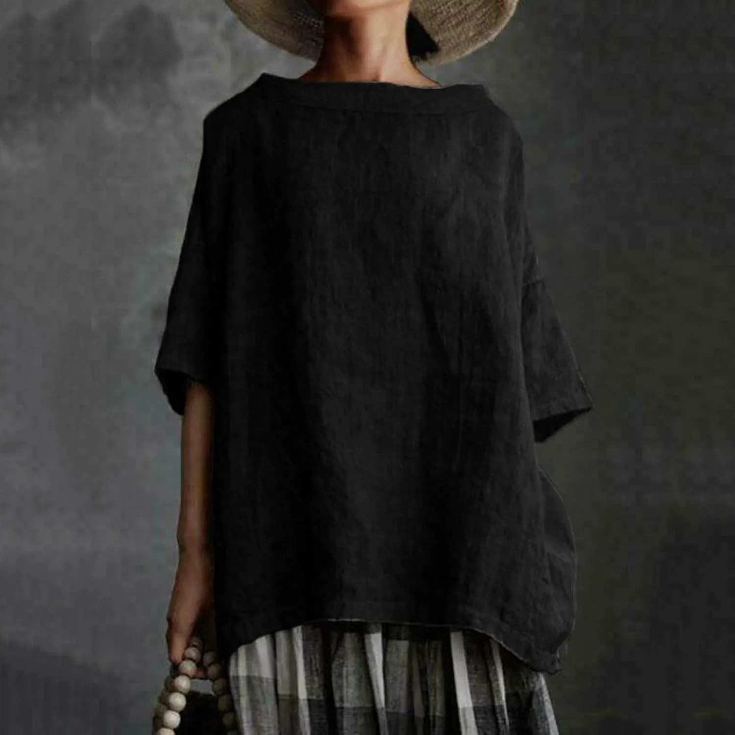 Women's Cotton and Linen Shirts Half Sleeve Cotton Blouses Casual Loose Round Collar Solid Boxy Tunics Top