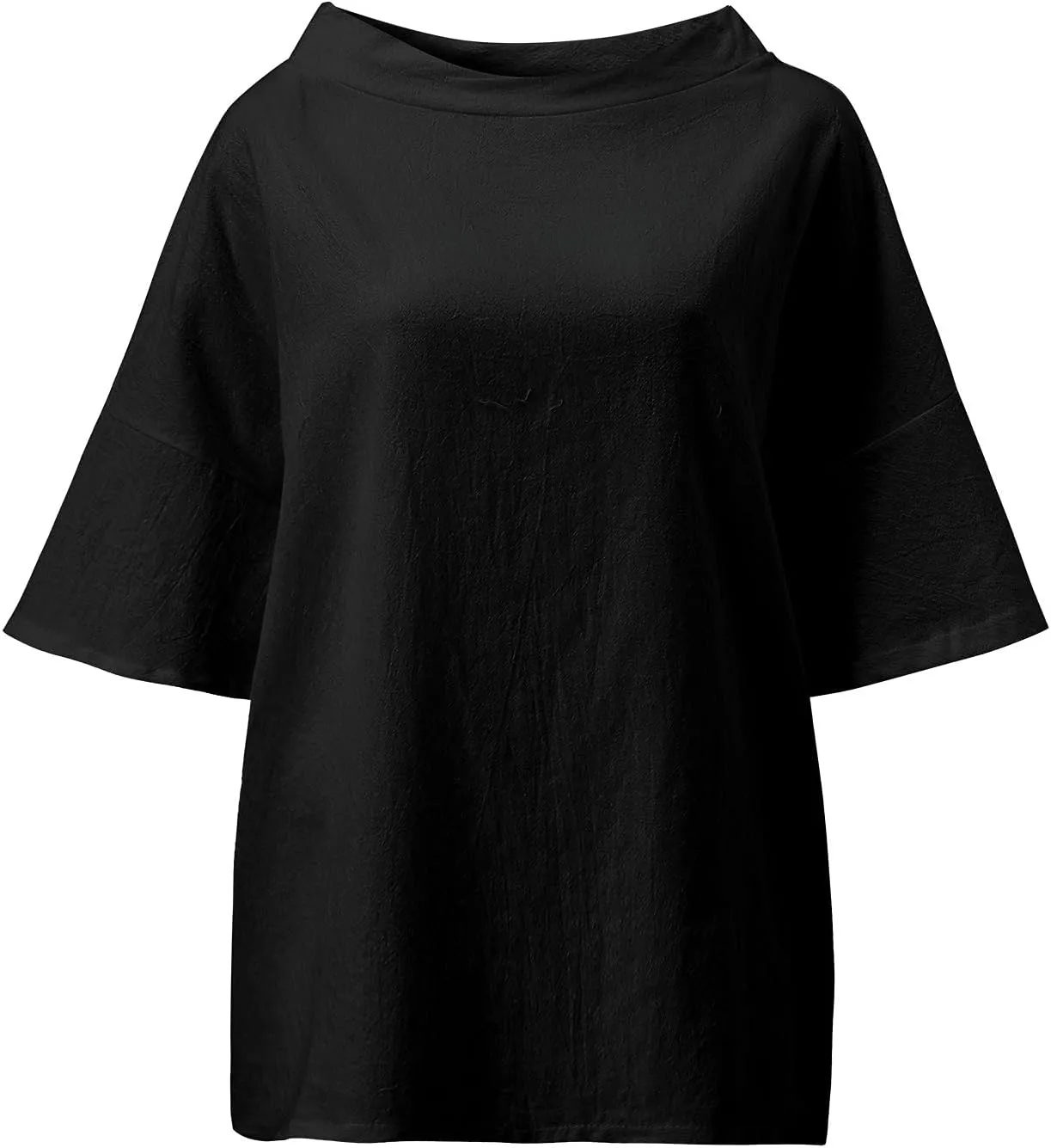 Women's Cotton and Linen Shirts Half Sleeve Cotton Blouses Casual Loose Round Collar Solid Boxy Tunics Top
