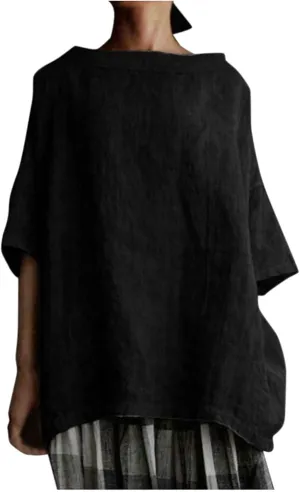 Women's Cotton and Linen Shirts Half Sleeve Cotton Blouses Casual Loose Round Collar Solid Boxy Tunics Top