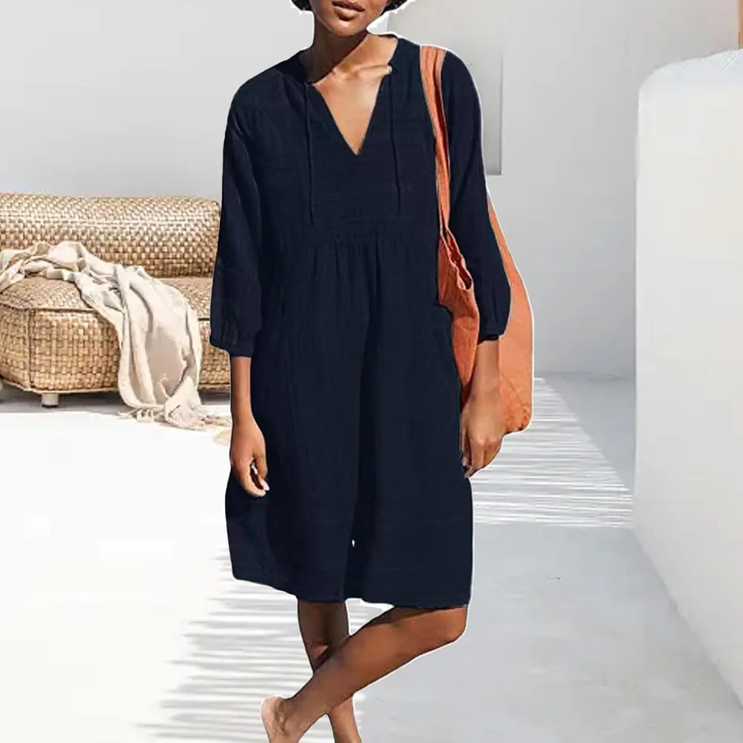 Womens Cotton Linen Dress V Neck 3/4 Sleeve Shift Tunic Smock Dresses Summer Casual Loose Dress with Pockets