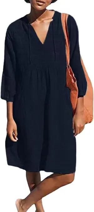 Womens Cotton Linen Dress V Neck 3/4 Sleeve Shift Tunic Smock Dresses Summer Casual Loose Dress with Pockets
