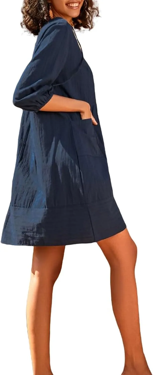 Womens Cotton Linen Dress V Neck 3/4 Sleeve Shift Tunic Smock Dresses Summer Casual Loose Dress with Pockets