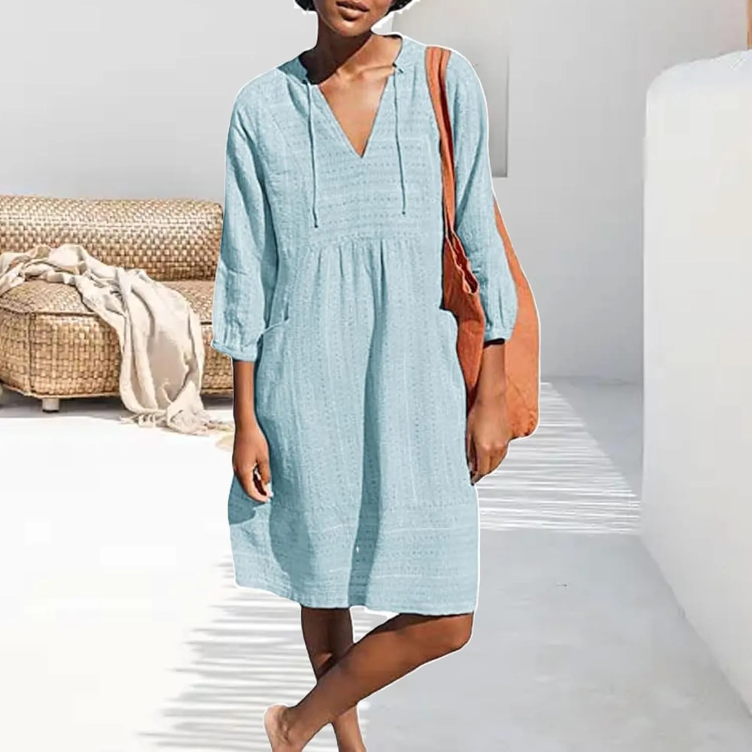 Womens Cotton Linen Dresses V Neck 3/4 Sleeve Dress Summer Casual Loose Shift Tunic Smock Dresses 2025