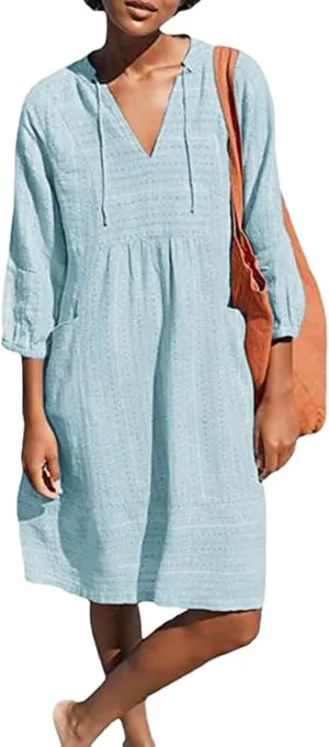 Womens Cotton Linen Dresses V Neck 3/4 Sleeve Dress Summer Casual Loose Shift Tunic Smock Dresses 2025