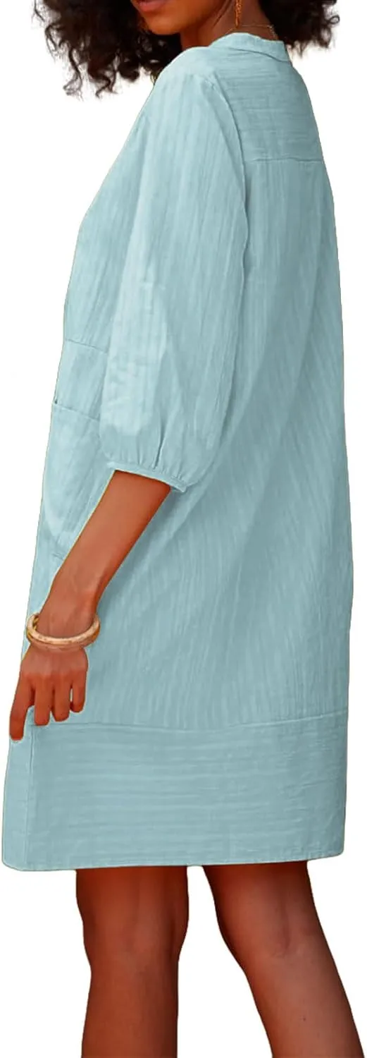 Womens Cotton Linen Dresses V Neck 3/4 Sleeve Dress Summer Casual Loose Shift Tunic Smock Dresses 2025